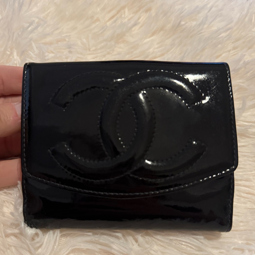 Chanel Black Bifold Wallet, patent leather, featuring the iconic CC logo